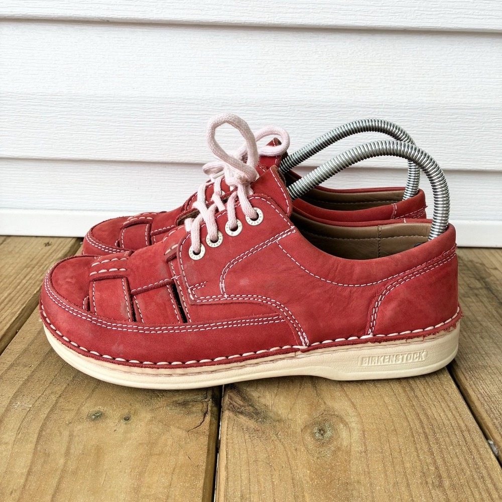 Birkenstock Bodega Woven Leather Fisherman Lace Up Sneakers Shoes Red Womens 8 - Picture 3 of 9